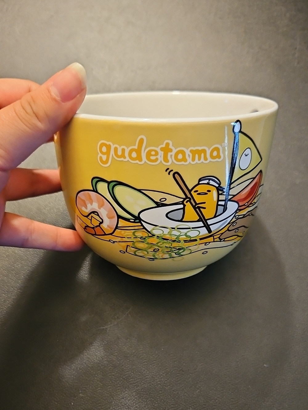 Sanrio Gudetama Yellow Ceramic Ramen Bowl with Cartoon Food Art